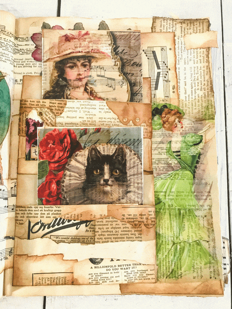 Decoupage envelopes in altered book. Good for junk journals or ephemera folio. 