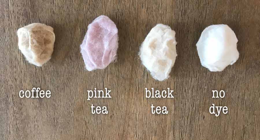 Dye colors I used, coffee, pink tea, black tea and no dye.