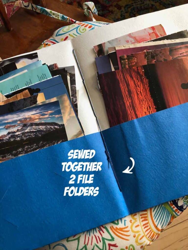 Sewed together two file folders to make large folder.