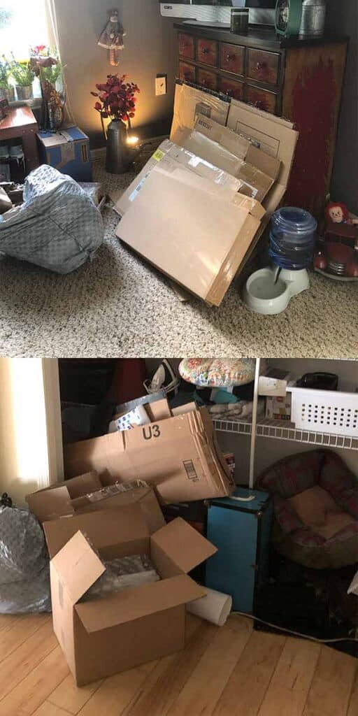 Piles of boxes and trash in dementia house. 