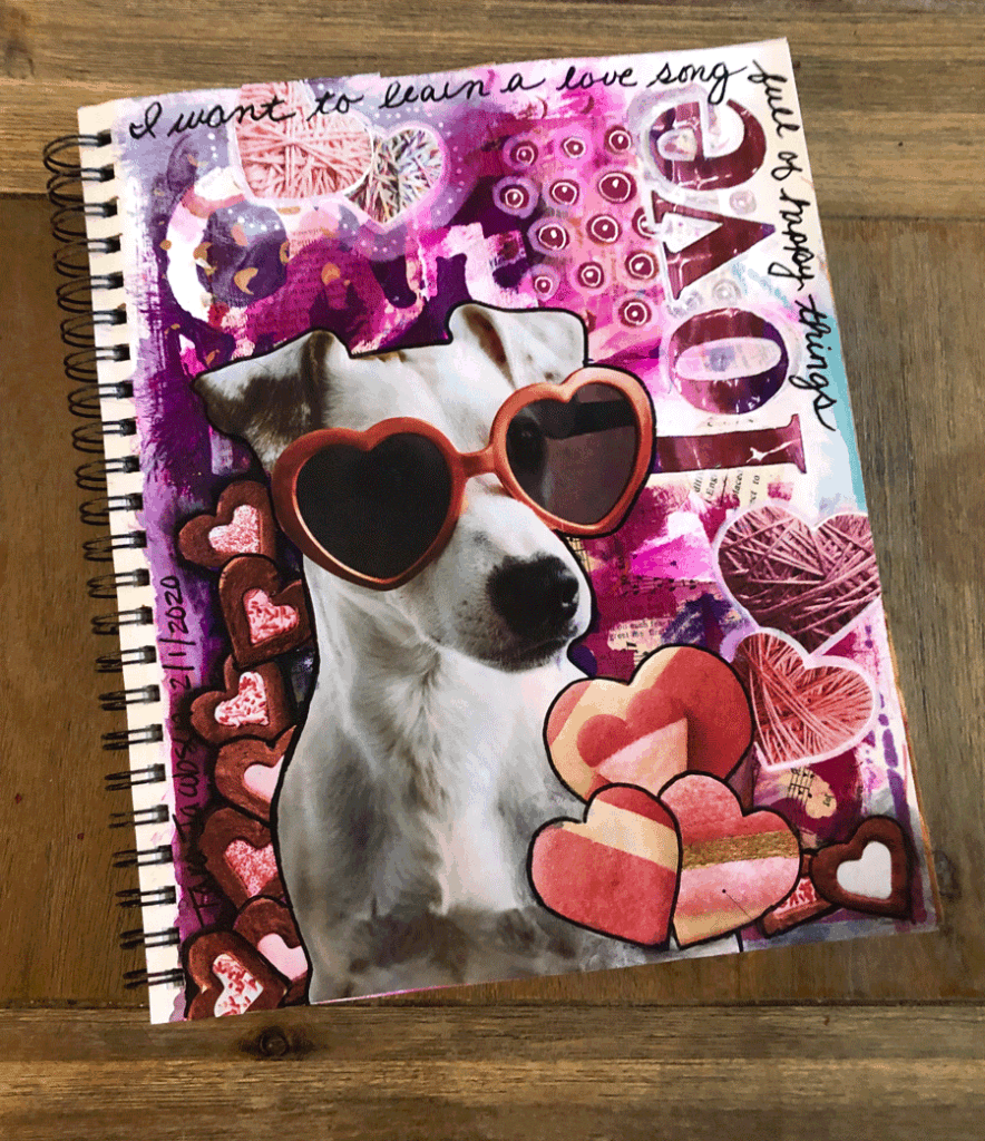 Mixed Media Journal Page - Valentine's Day, Love, Hearts and Dog