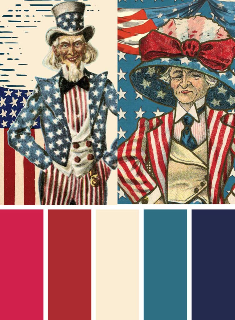 Vintage 4th of July Color Palette with pictures of Uncle Sam and Mrs Sam.