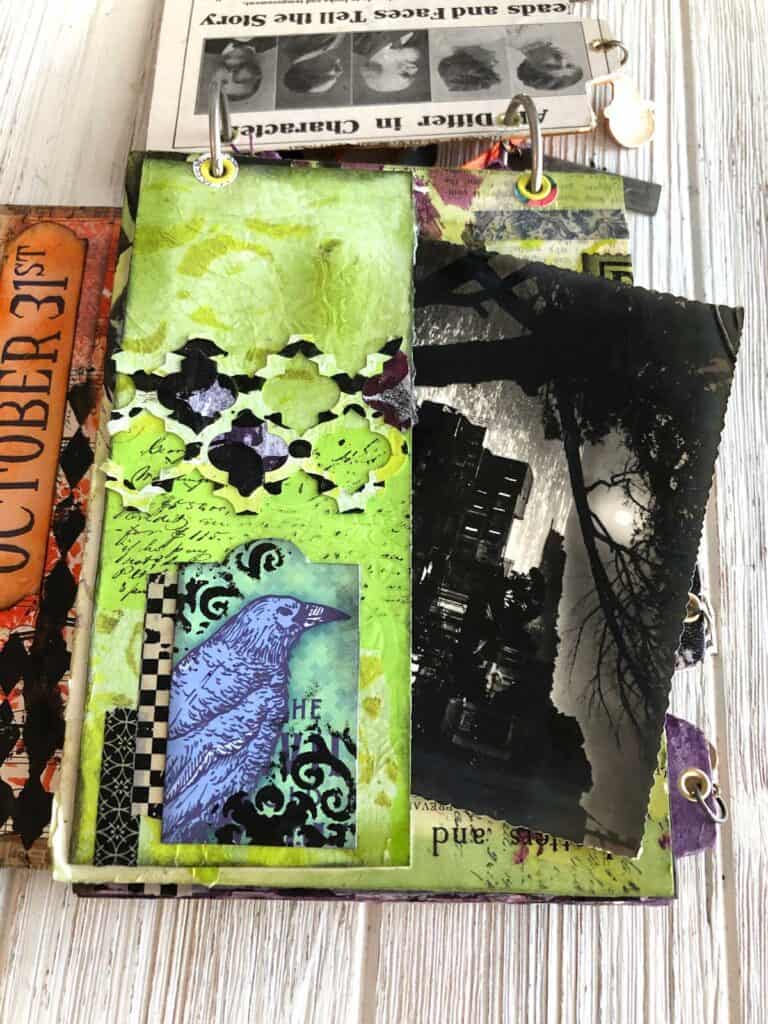 Green Raven Halloween Junk Journal Page