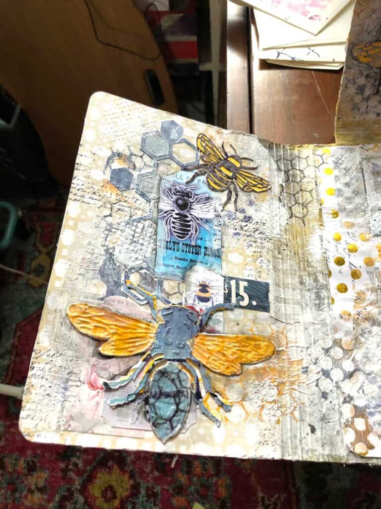 Adding Die Cut Bumble Bees, Bee Hive and Bee Ephemera