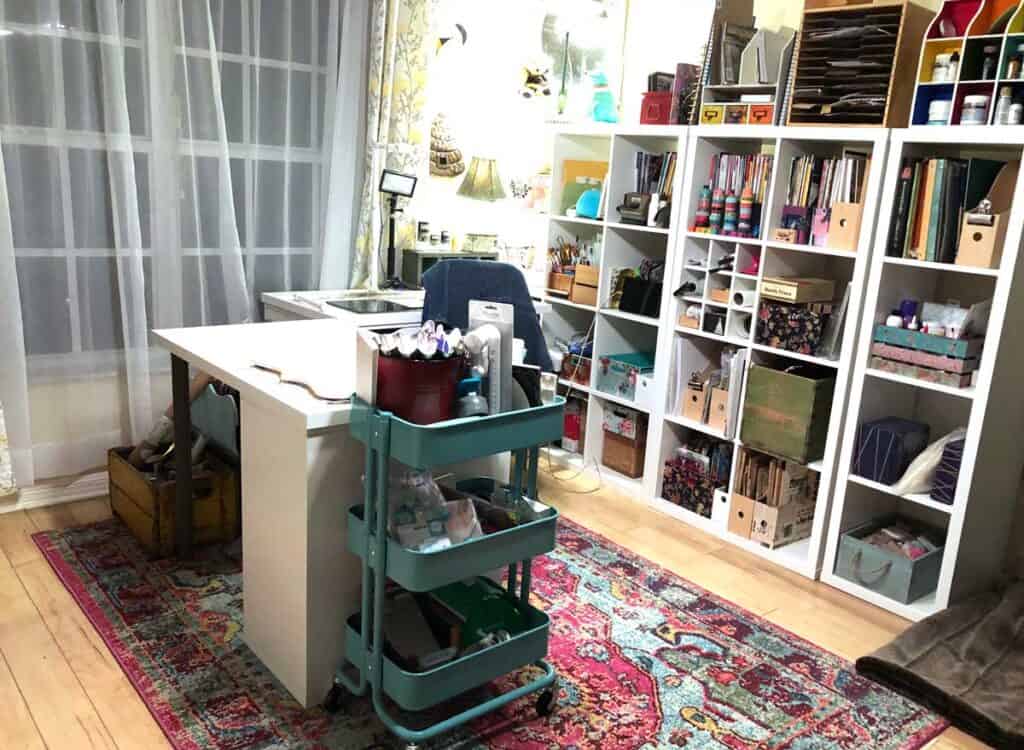 Craft room makeover - Ikea Kallax Bookcases, 2 Alex Desks and Raskog cart.