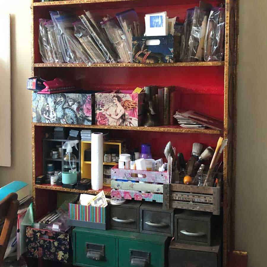 Big bookcase with lots of shelves for organizing crafts