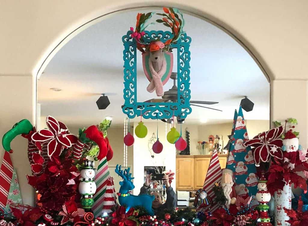 Red and Turquoise Christmas Decor With Teal Reindeer Wreath