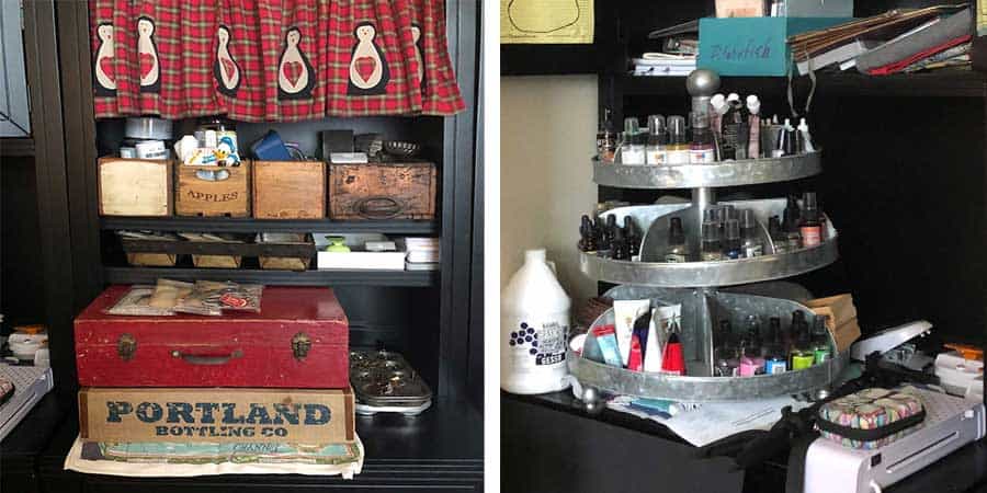 My apothecary box and galvanized craft spinner that holds my sprays and stains works in my craft room. 