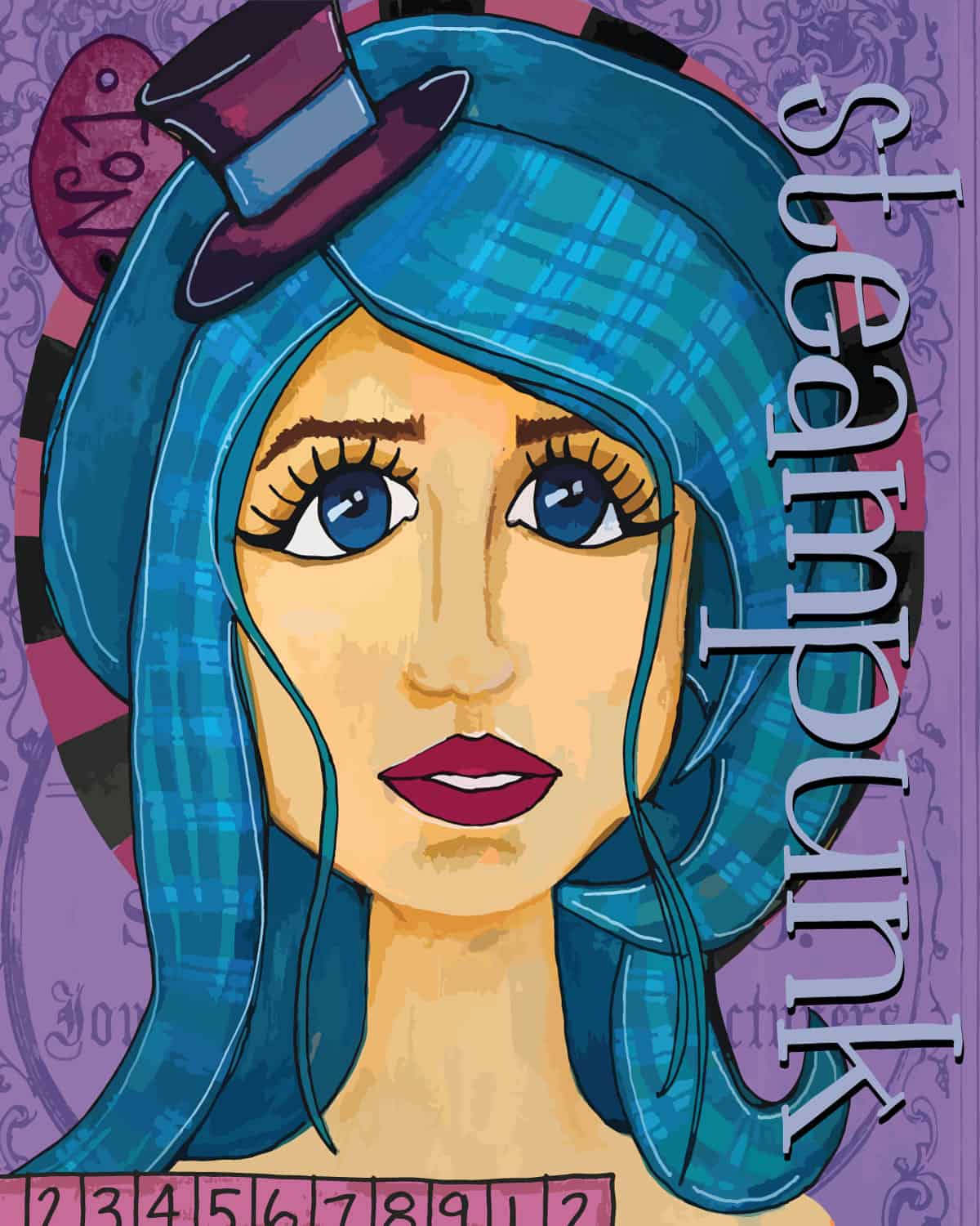 Steampunk Blue Girl Collage - Surface Design by Tara Jacobsen