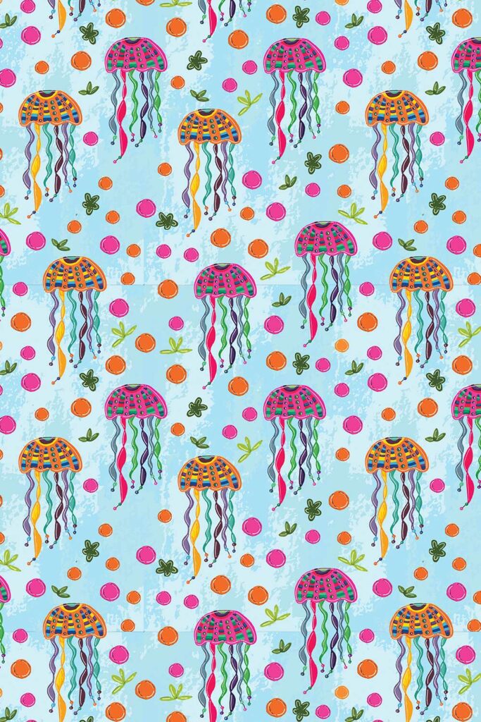 Jessica Jellyfish Surface Design Pattern on Light Blue Hand Painted Background