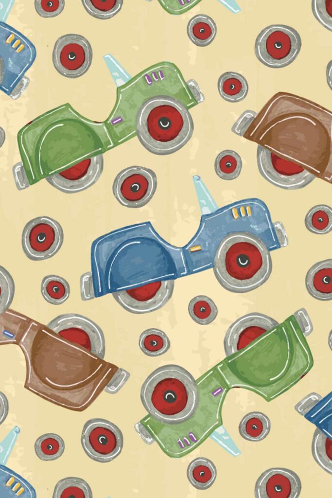 Boys Child Surface Pattern Design - Hand Painted Cars and Wheels