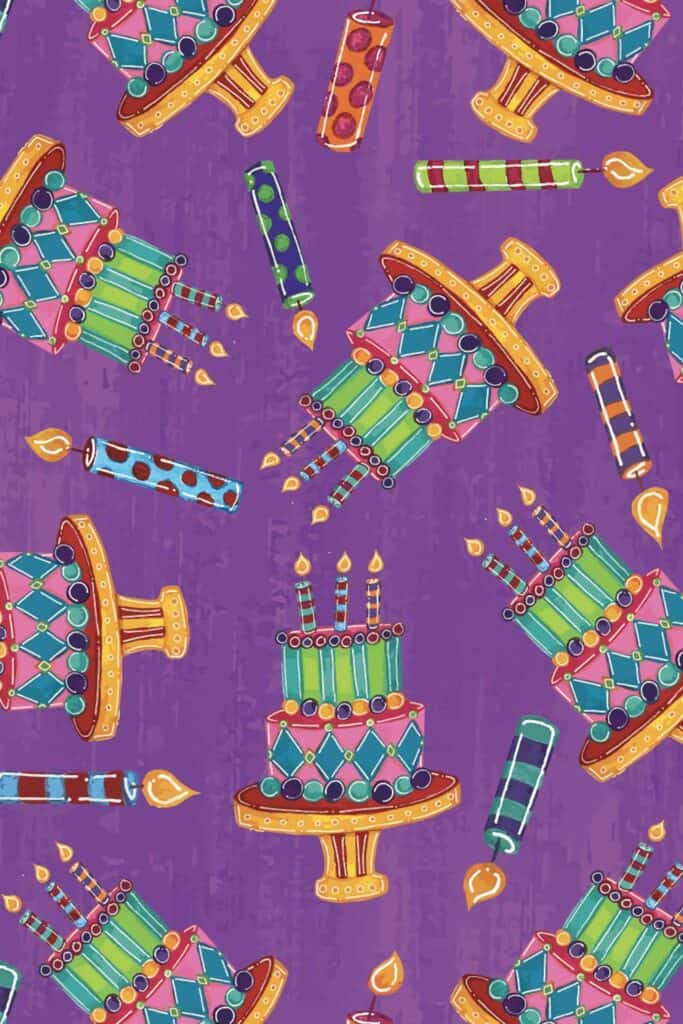Purple Birthday Cake and Candles Surface Pattern Design by Tara Jacobsen