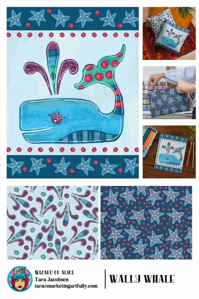 Surface Pattern Design Sales Sheet - Wally Whale by Tara Jacobsen