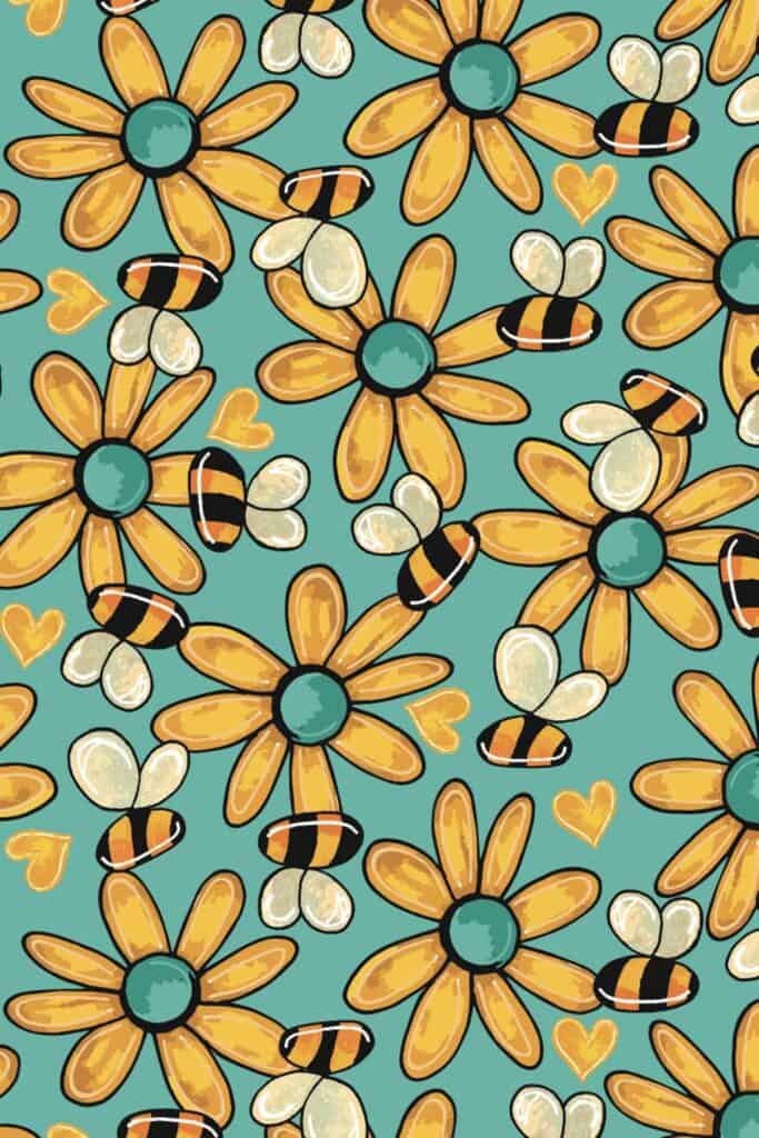 Yellow Bees and Flower Surface Pattern Design by Tara Jacobsen