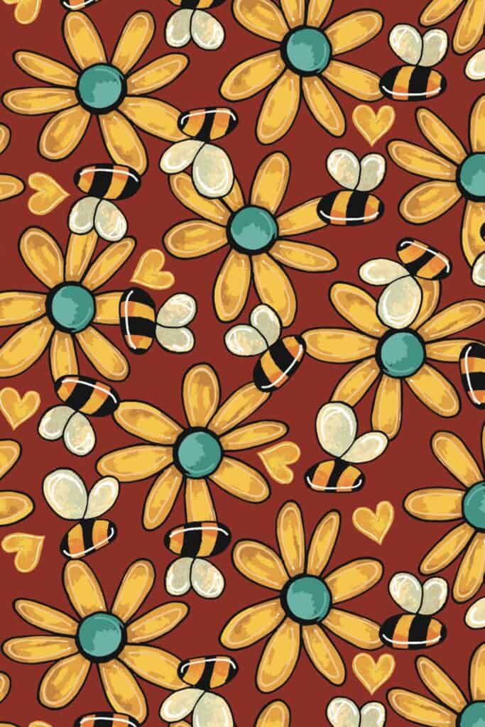 Yellow Flowers and Bees with Red Background by Tara Jacobsen