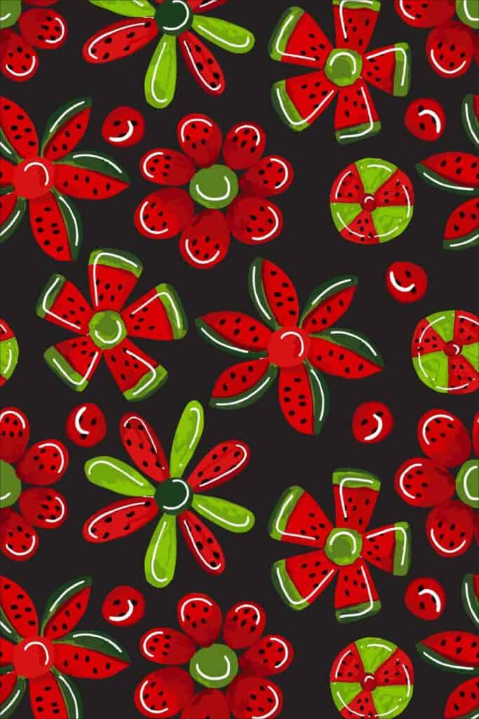 Amazing Watermelon Flowers With Black Background - Surface Pattern Design by Tara Jacobsen