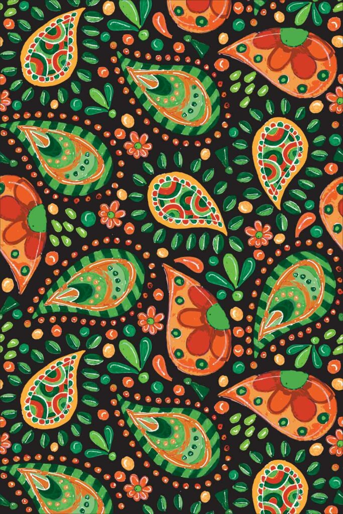 Orange and Green Paisley Flowers on Black Background - Surface Pattern Design