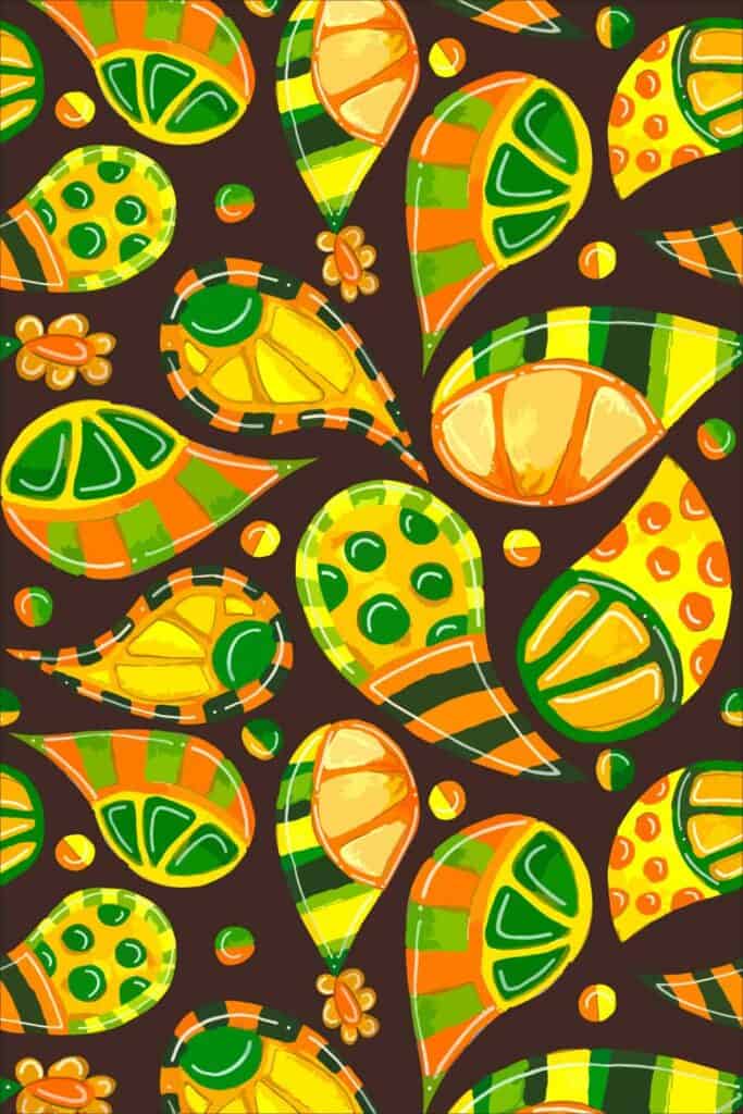 Fruity Paisley Surface Pattern Design on Dark Background