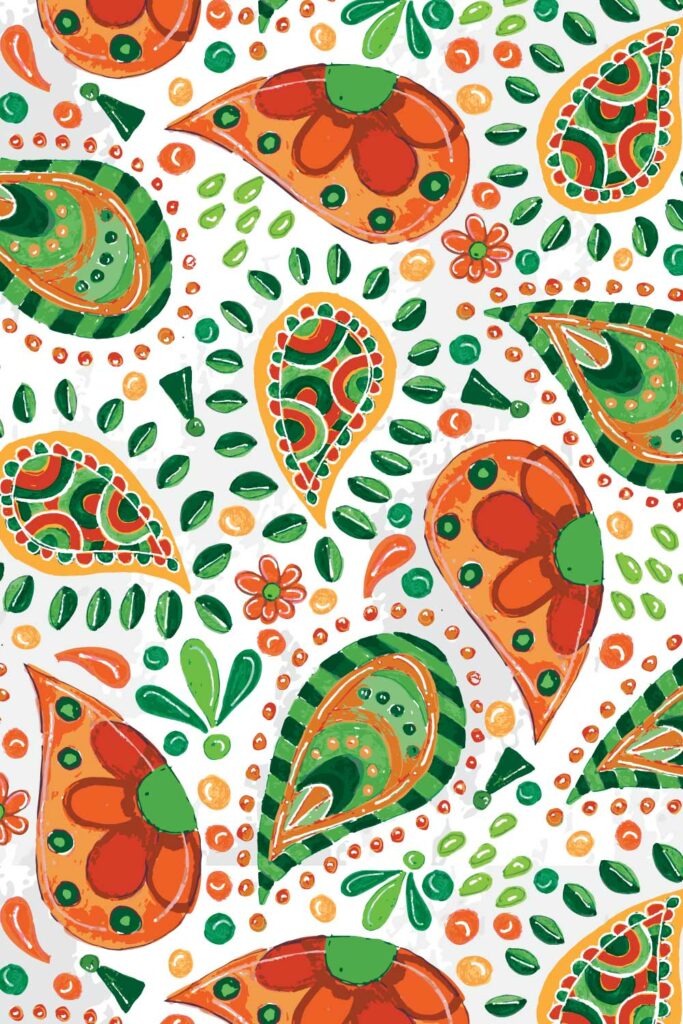 Green and Orange Paisley on White Background - Surface Pattern Design by Tara Jacobsen