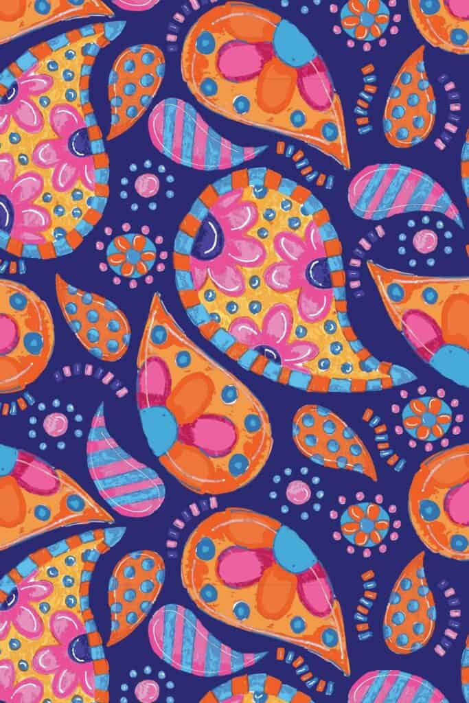 Orange, Pink and Blue Paisley Flowers! Surface Pattern Design by Tara Jacobsen