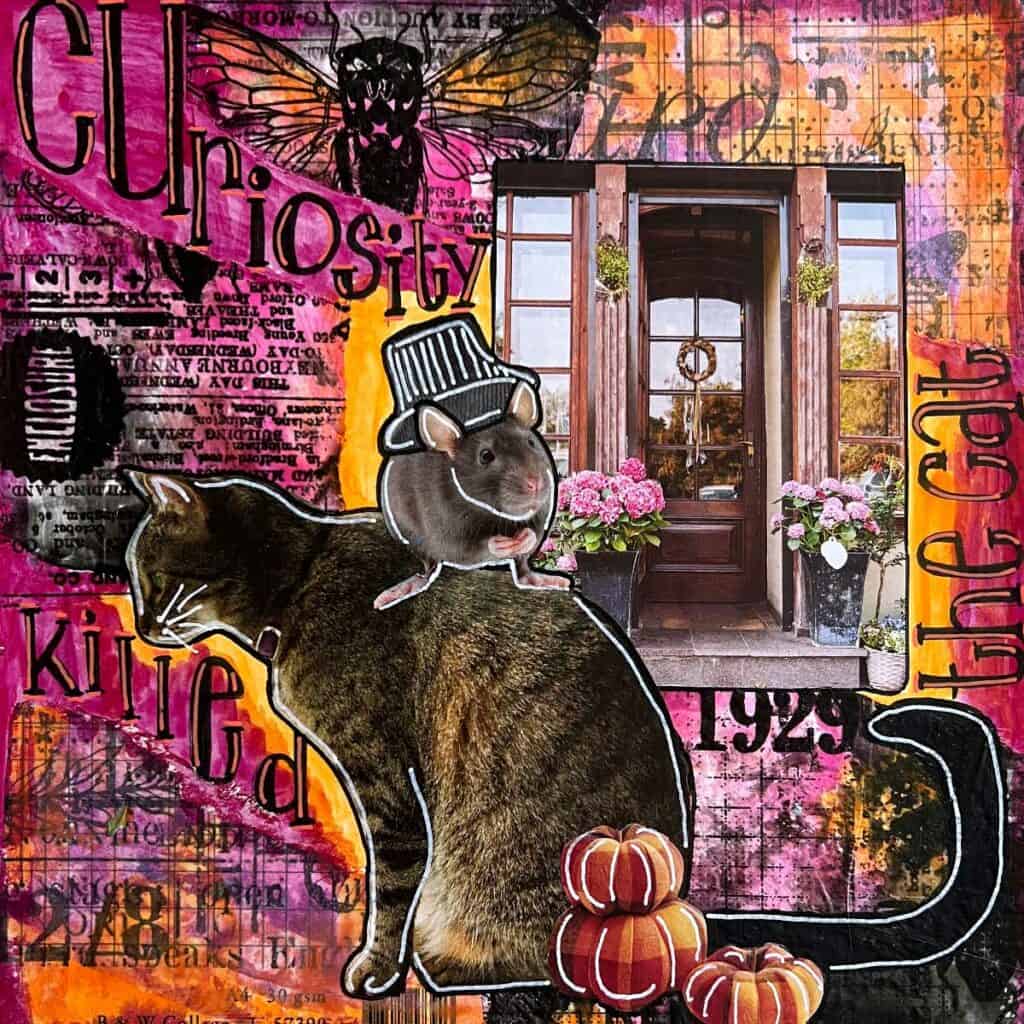 Curiosity killed the cat, magazine collage art by Tara Jacobsen