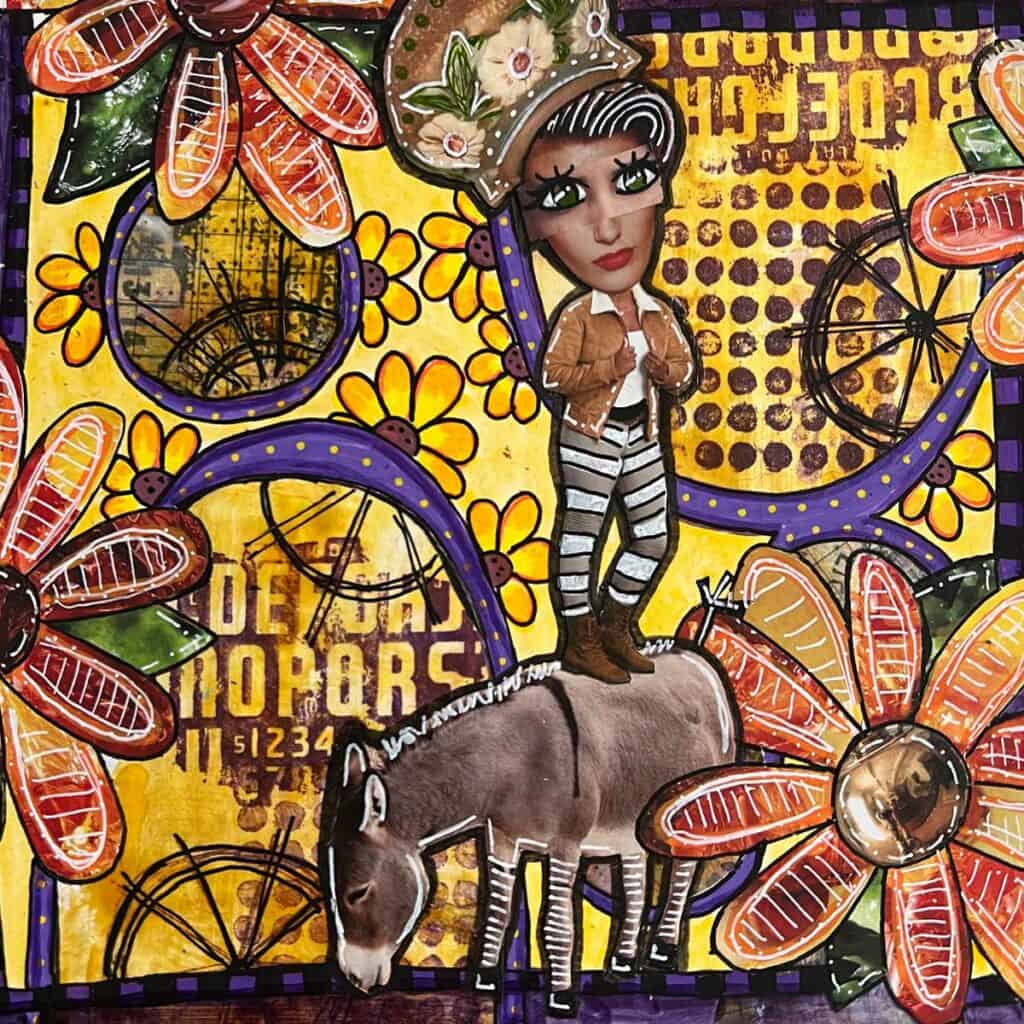 fun gal standing on top of a donkey with custom flower designs