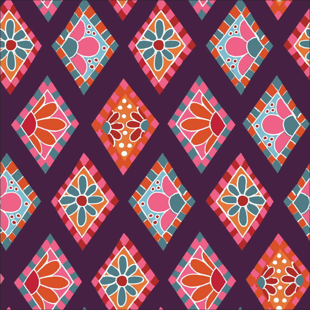 Fun harlequin surface pattern design by Tara Jacobsen. Floral, pink, teal and purple.