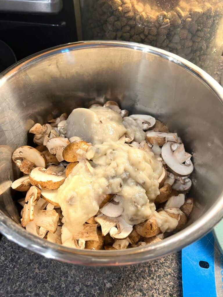 6. Put a whole can of cream of mushroom soup on top (no need to stir)