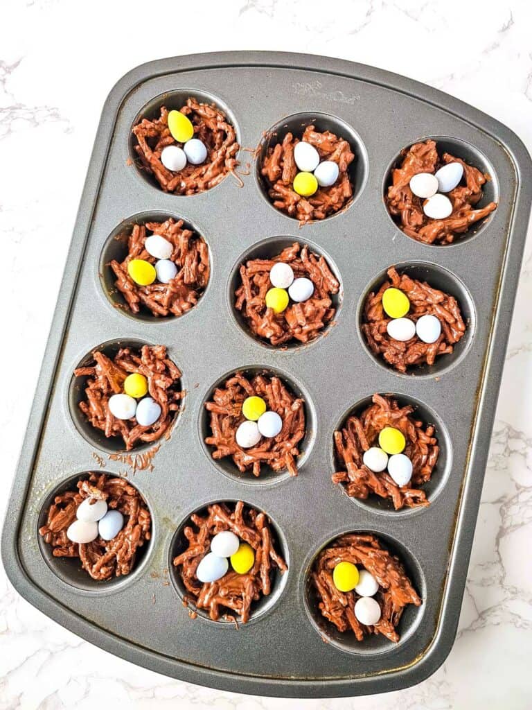 Easter Bird's Nest Easy No Bake Cookies - Add the Cadbury eggs