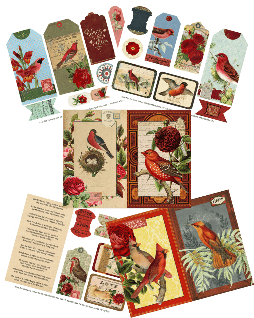 All The Free Printable Red Bird and Flowers Ephemera Sheets