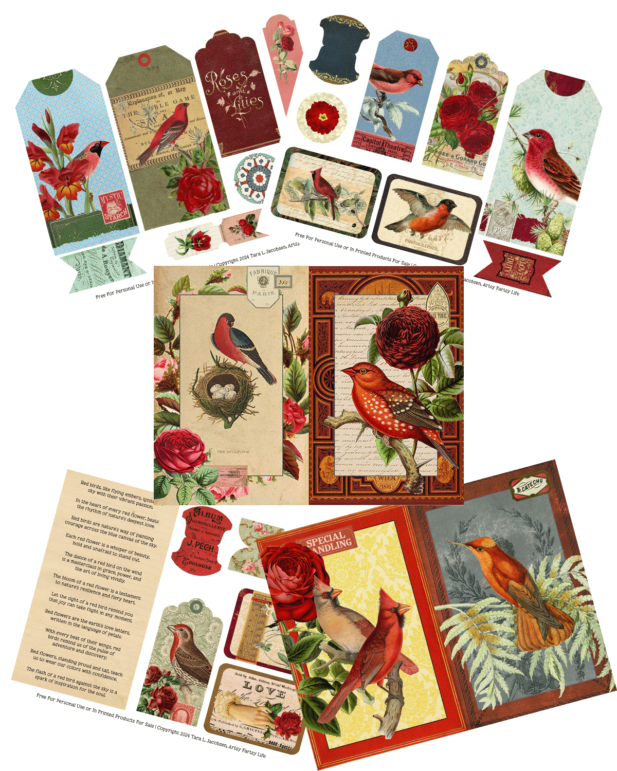 Red Birds and Flowers Ephemera Free Printable Ephemera · Artsy Fartsy