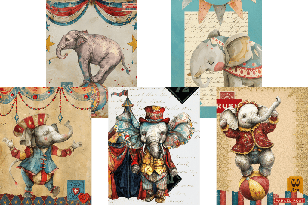 Vintage Circus Elephants Junk Journal Pages
