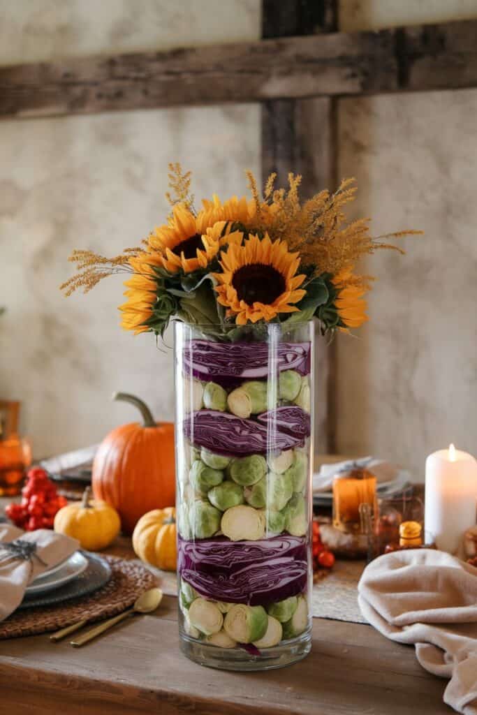 Sunflower Spectacular with Brussels Sprouts and Purple Cabbage For Fall Vibes