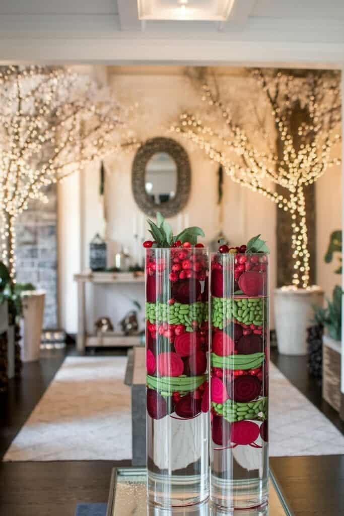 Holiday Elegance Duo: Beet and Green Layers in Twin Vases