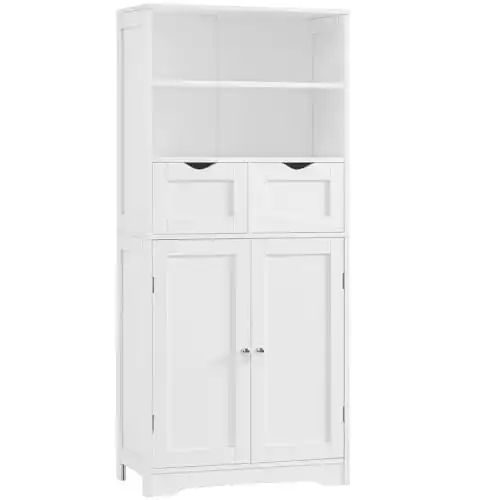 Iwell Tall Bathroom Cabinet, Storage Cabinet with 2 Drawers & Adjustable Shelves