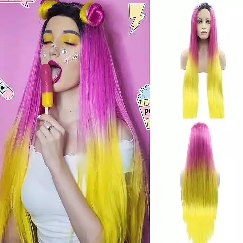 Ombre Pink to Yellow Wigs Ombre Color Long