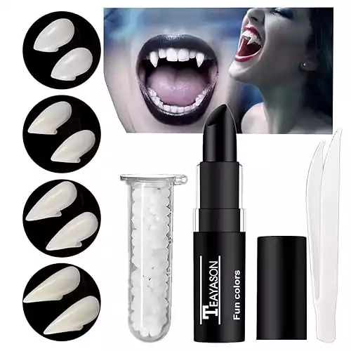 4 Sizes Vampire Teeth with Adhesive, Black Lipstick for Halloween Costumes