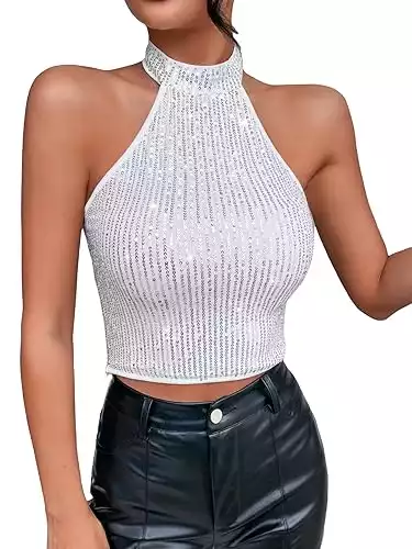 Women's Sequin Sleeveless Backless Crop Halter Top