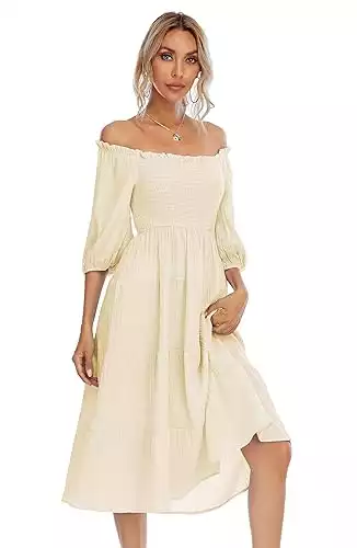 R.Vivimos Women's Summer Cotton Lantern Sleeves Ruffled Off Shoulder A-Line Midi Dresses