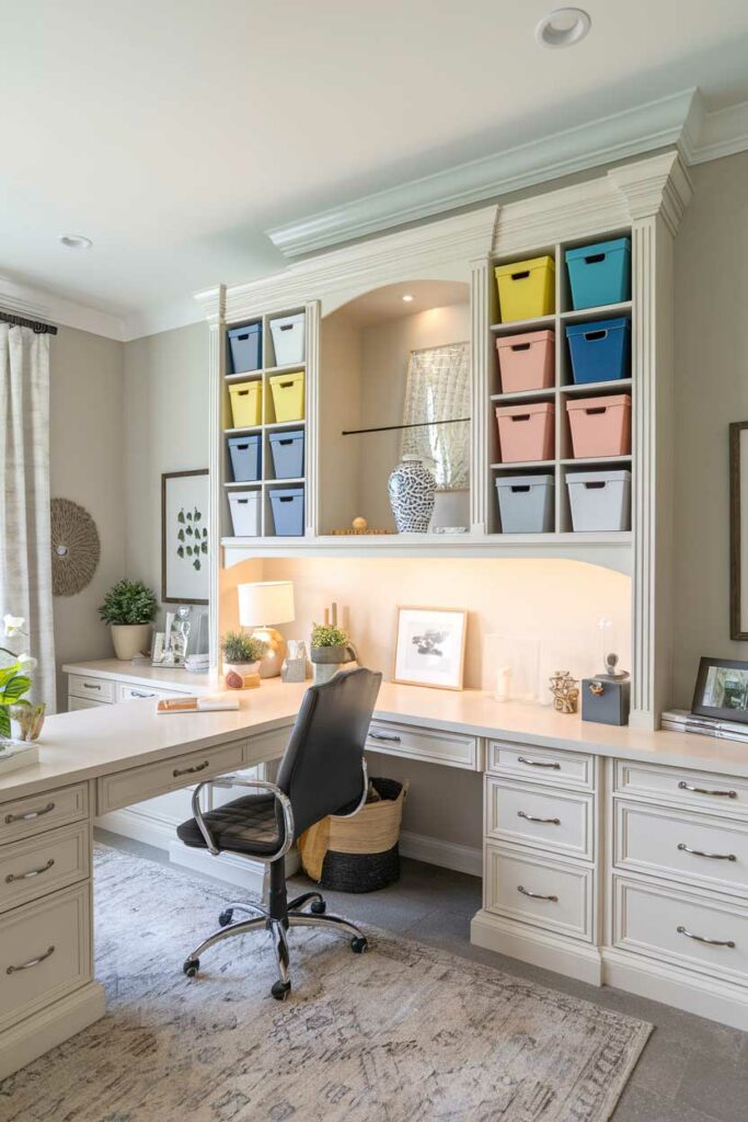 13. Elegant Office Craft Room with Custom Storage