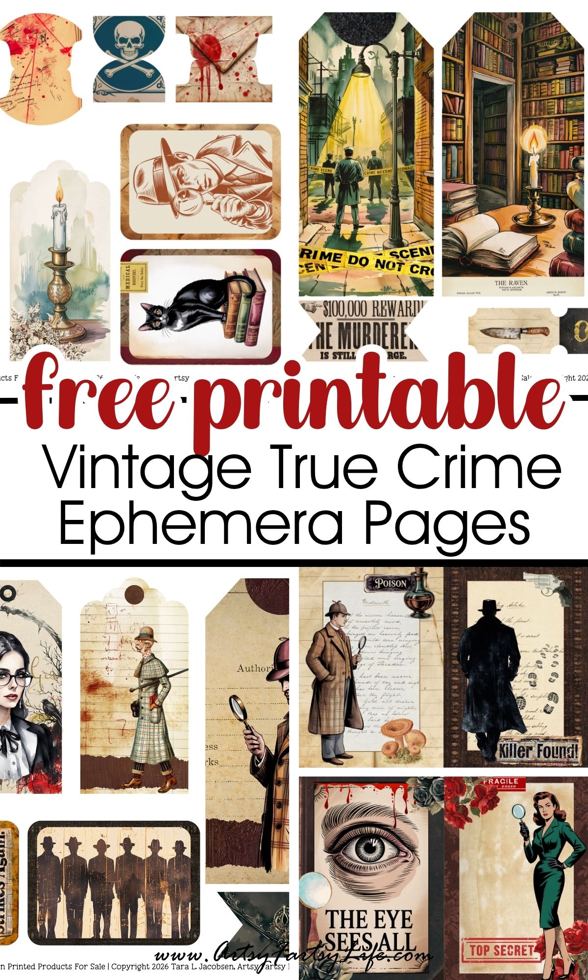 Free True Crime Junk Journal Ephemera Sheets - Vintage Detective Printables for Dark & Moody Collage