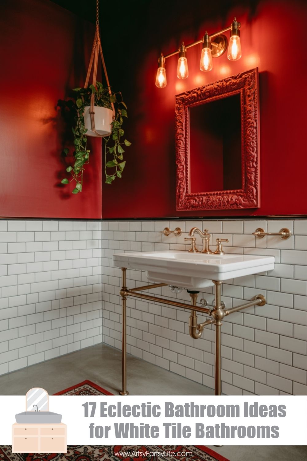 Crimson Red Eclectic Bathroom With White Subway Tiles