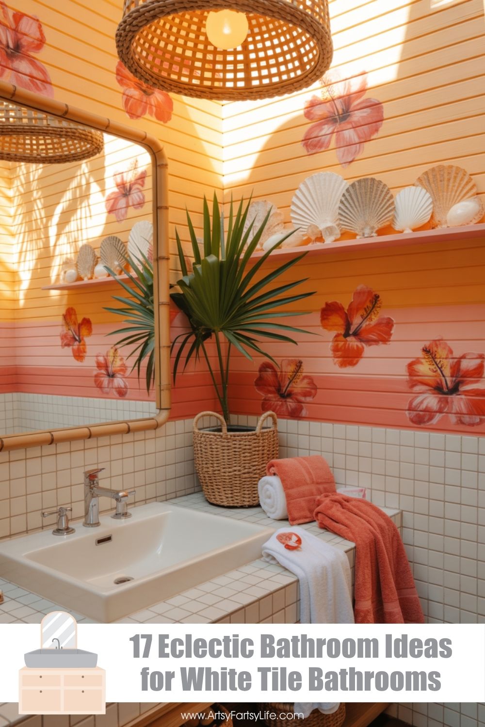 Coral and Peach Tropical Bathroom With Hibiscus Wall Art