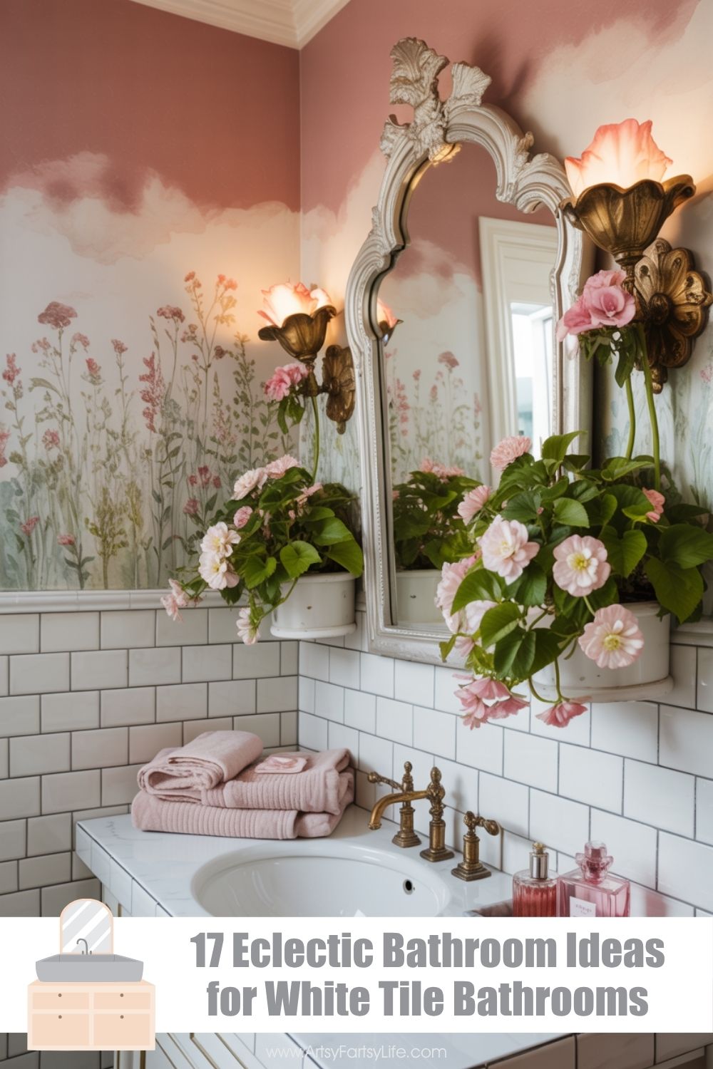 Dusty Rose Romantic Bathroom With Wildflower Mural and Ornate Mirror