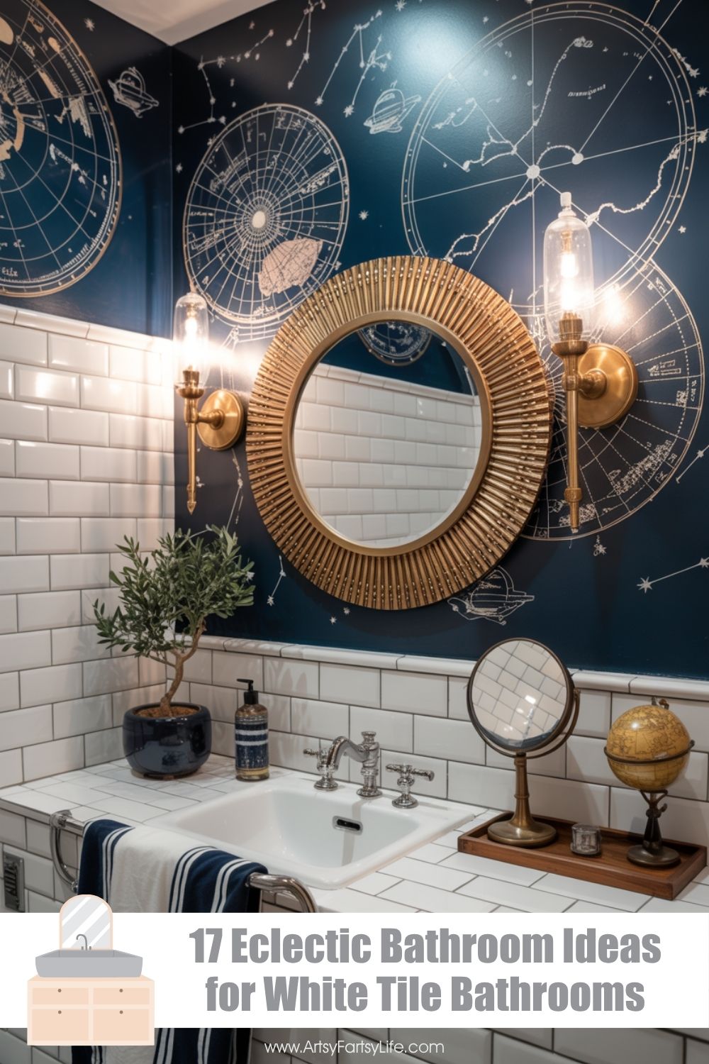 Midnight Navy Celestial Bathroom With Constellation Mural and Starburst Mirror