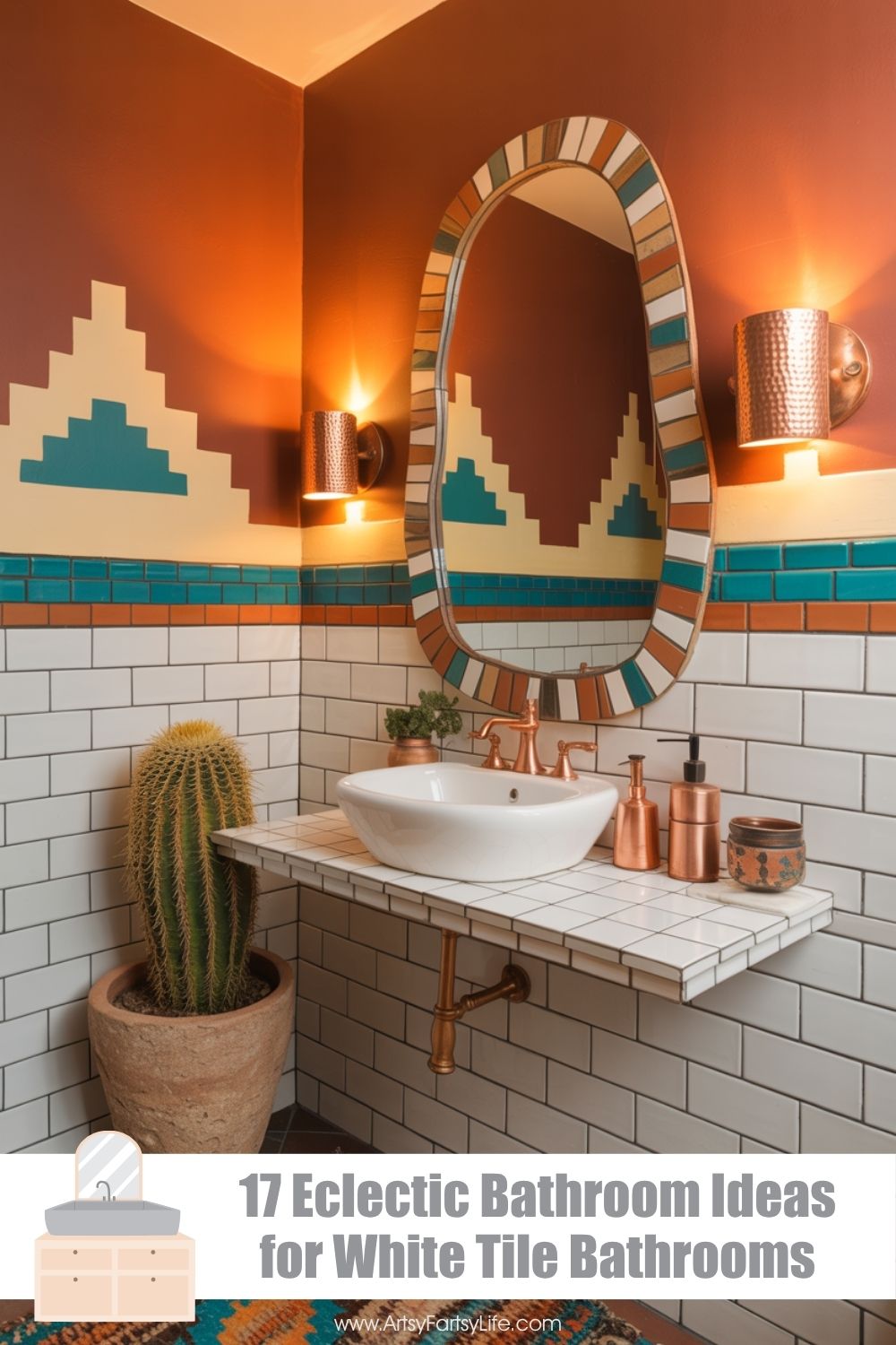Terracotta Southwestern Bathroom With Turquoise Mosaic Mirror