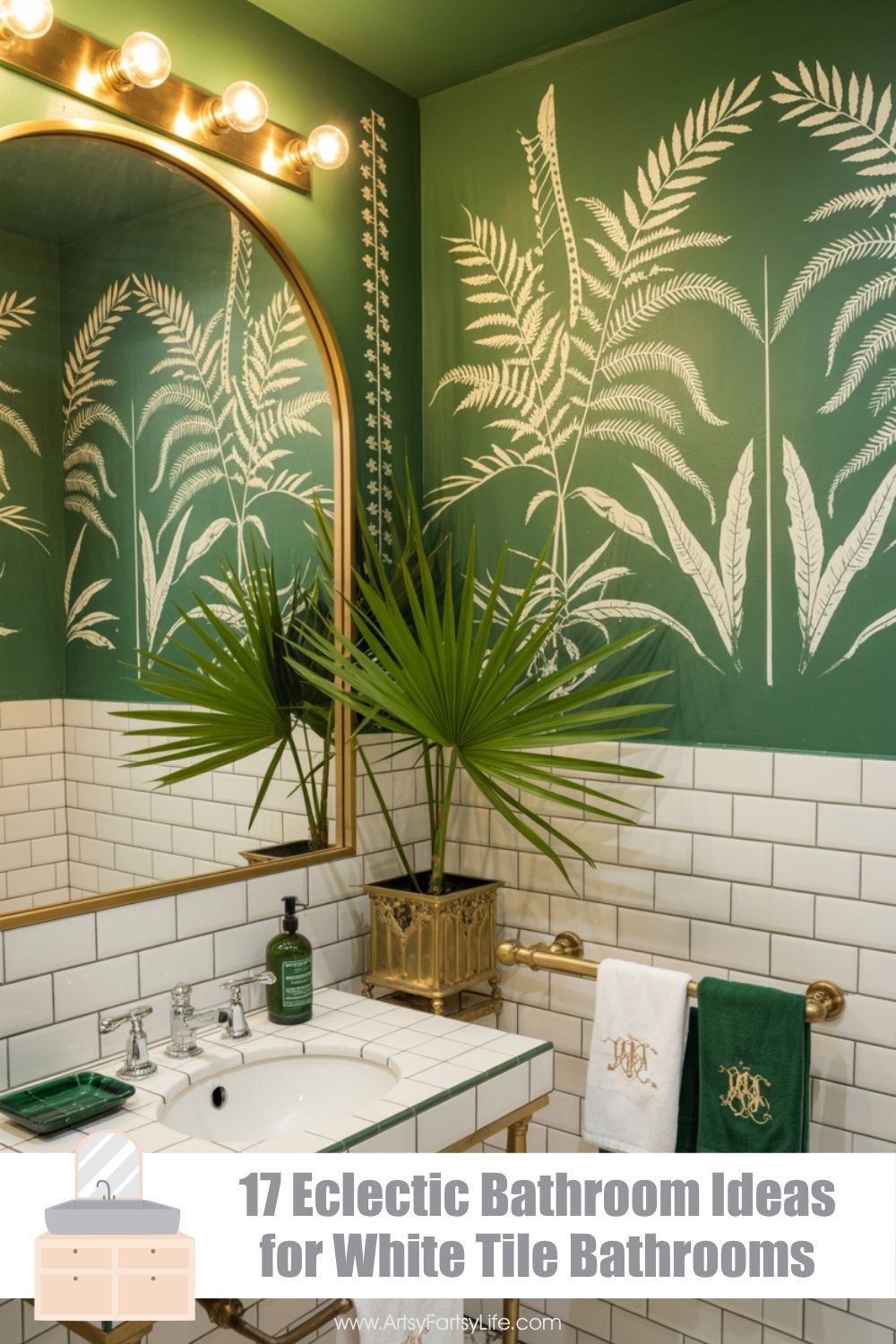 Hunter Green Hollywood Regency Bathroom With Gold Fern Murals