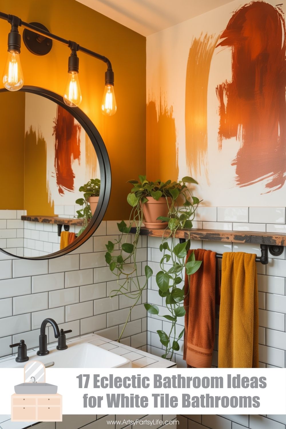 Mustard Yellow Bathroom With Bold Abstract Brushstroke Wall Art