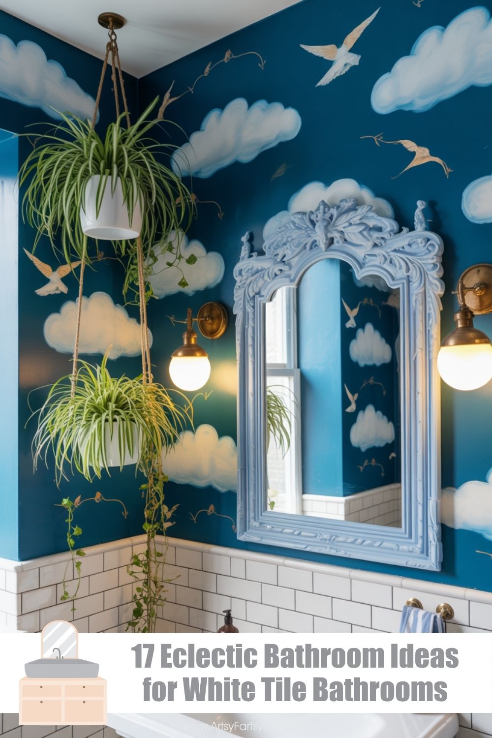 Cerulean Blue Bathroom With Hand-Painted Clouds and Birds Mural