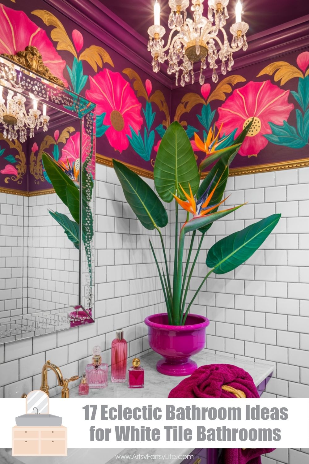 Plum and Magenta Maximalist Bathroom With Tropical Flower Mural